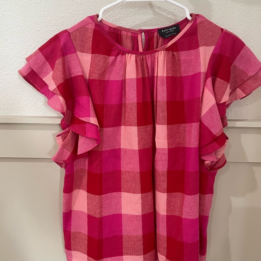 kate spade Pink and Red Plaid Ruffle Sleeve Blouse EUC - Picture 6 of 13